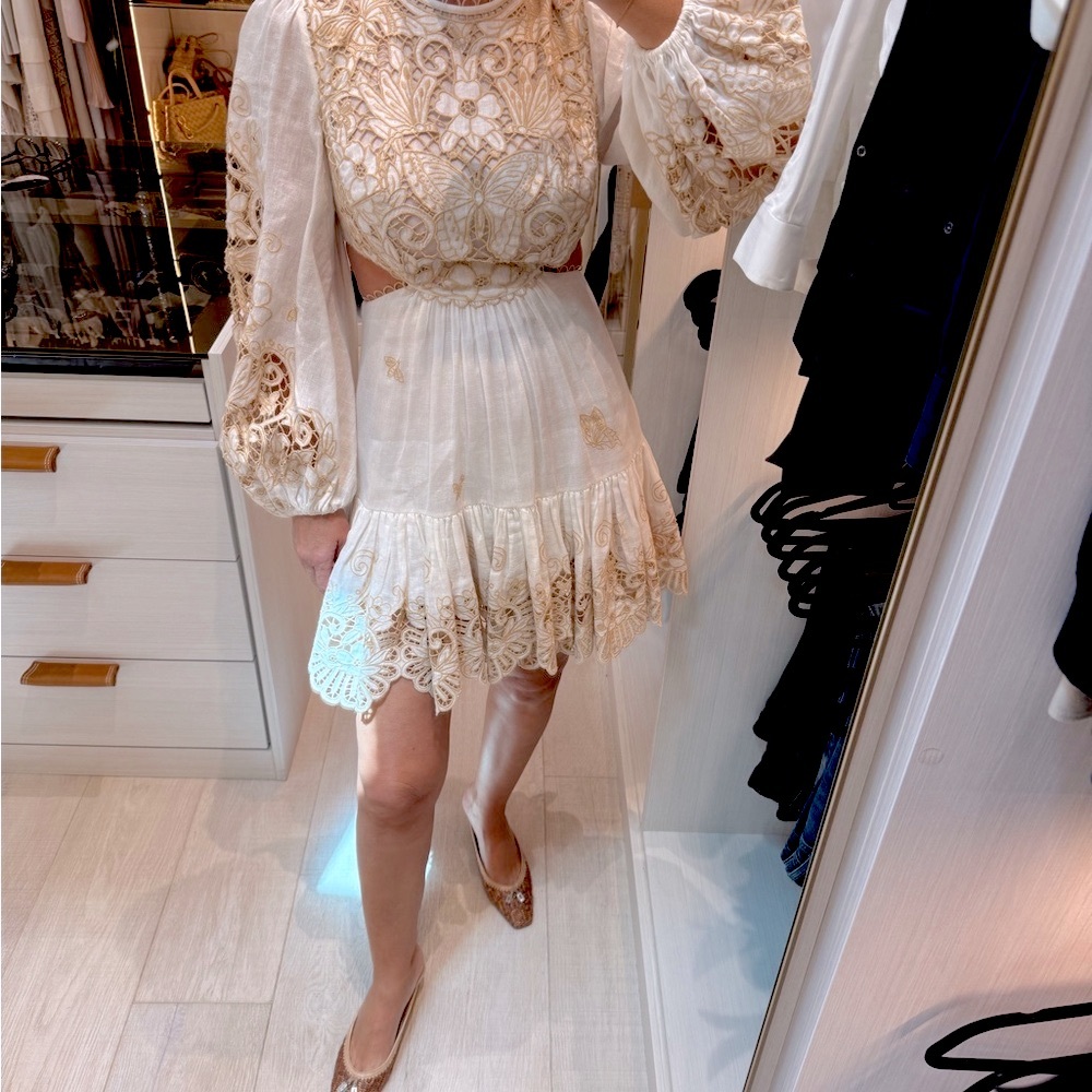 Zimmermann Cream and Gold Lace Long Sleeve Dress